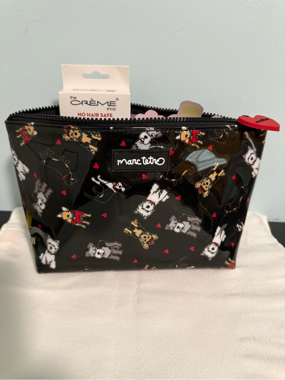 Marc Tetro Black Patent Doggy Cosmetic Pouch bundle w/Creme Shop accessories!